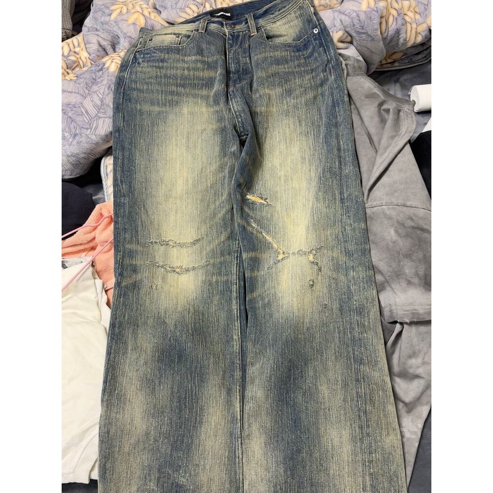 Vintage Faded Wash Distressed Ripped Denim Jeans size 33 Blue Beige Tan